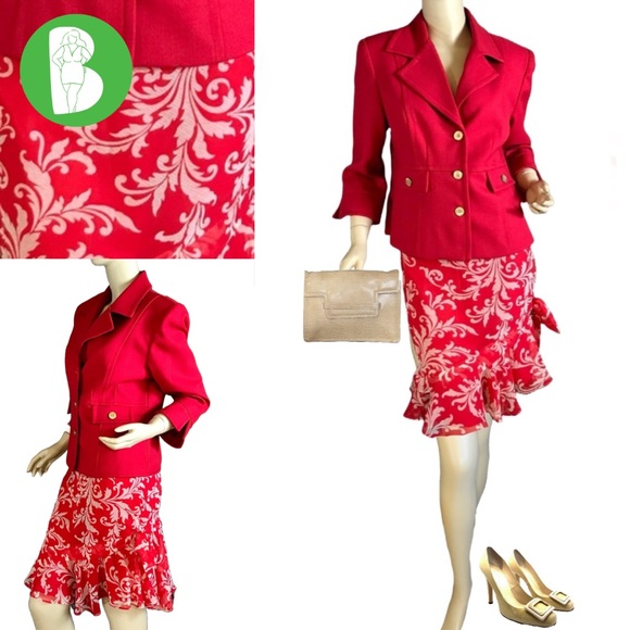 JULIAN TAYLOR  RED 1990'S FOLIATE PRINT CHIFFON SKIRT W/RED BLAZER SET (14) - Picture 1 of 14